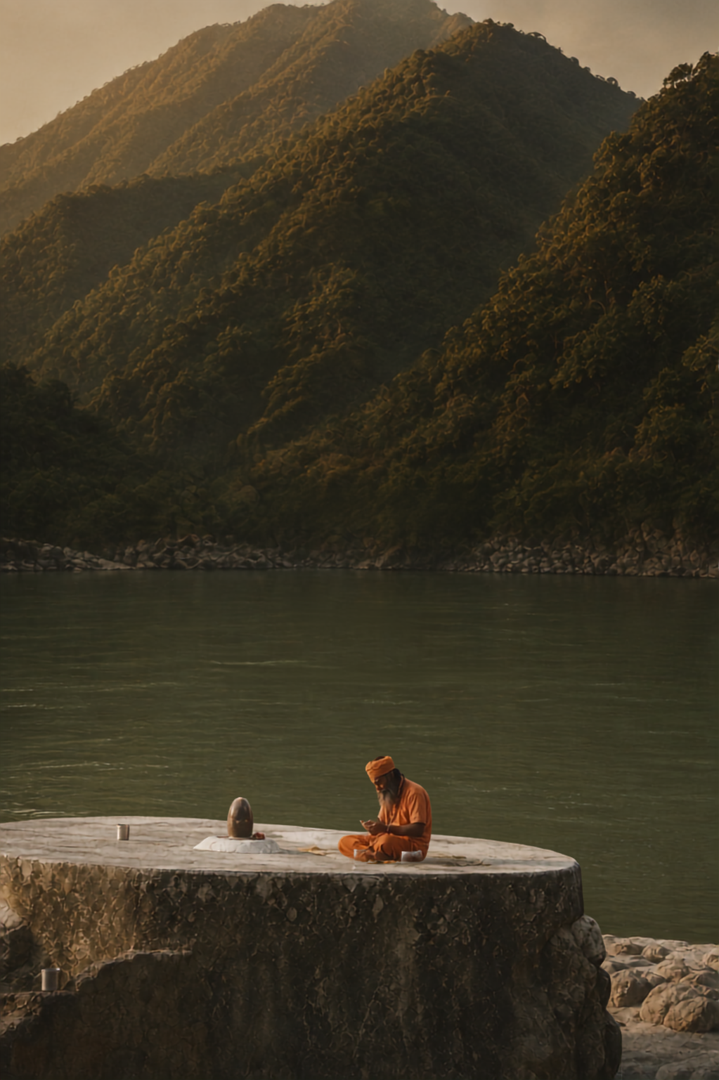 A sadhu in quiet practice on a stone platform by the Ganga, Himalayan foothills at golden hour